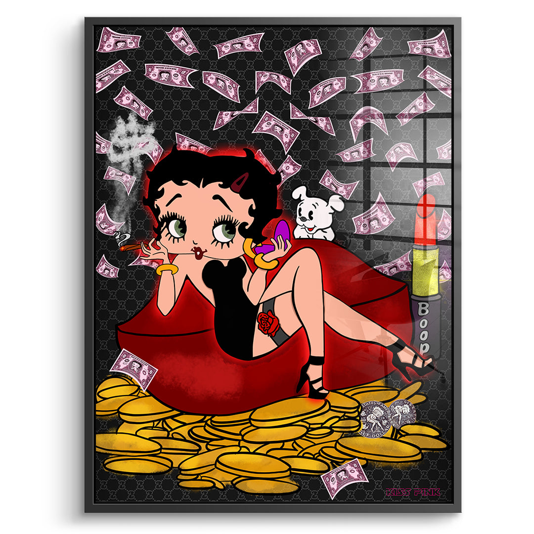 DOTCOMCANVAS Acrylglasbild Lipstick Money Pin-Up im schwarzen Premium-Rahmen