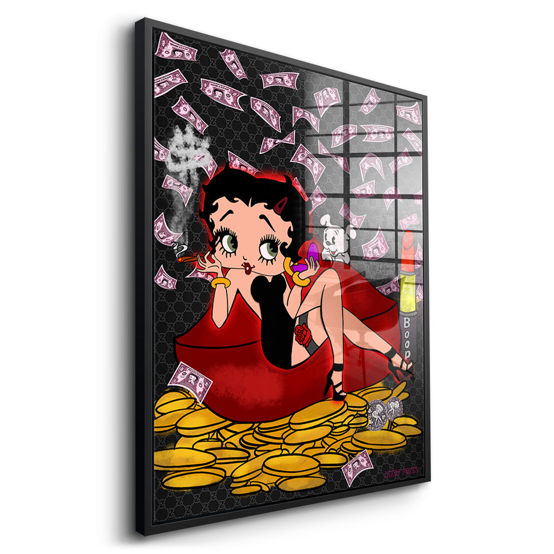 Seitenansicht des Acrylglasbilds Lipstick Money Pin-Up im schwarzen Rahmen
