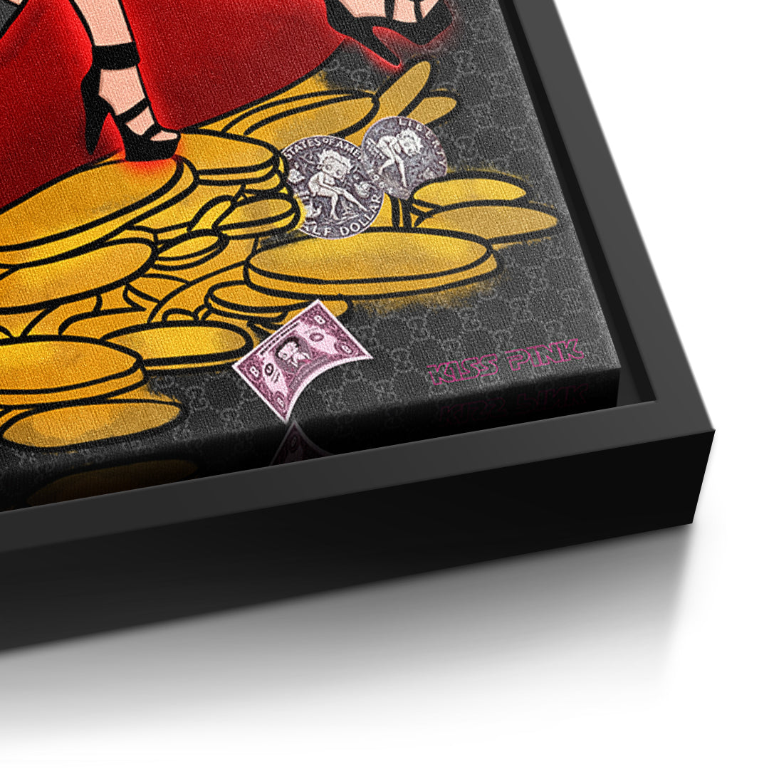 Detailaufnahme der Leinwandstruktur, Lipstick Money Pin-Up im schwarzen Rahmen