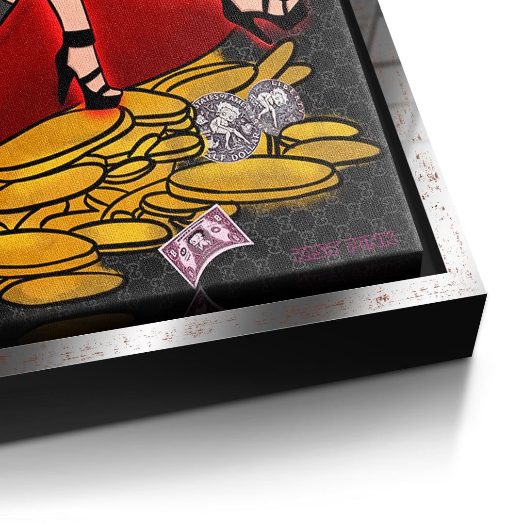 Detailaufnahme der Leinwandstruktur, Lipstick Money Pin-Up im silbernen Rahmen