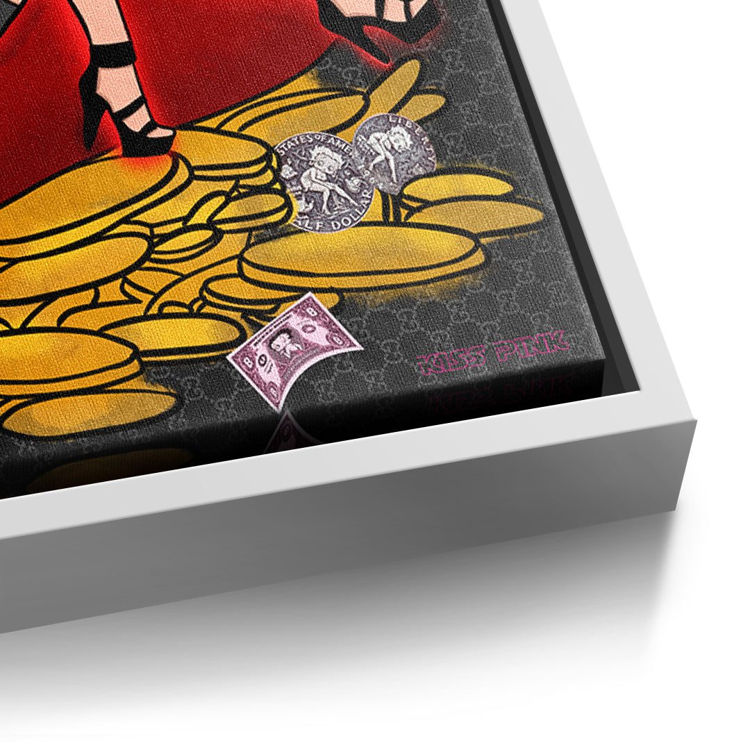 Detailaufnahme der Leinwandstruktur, Lipstick Money Pin-Up im weißen Rahmen