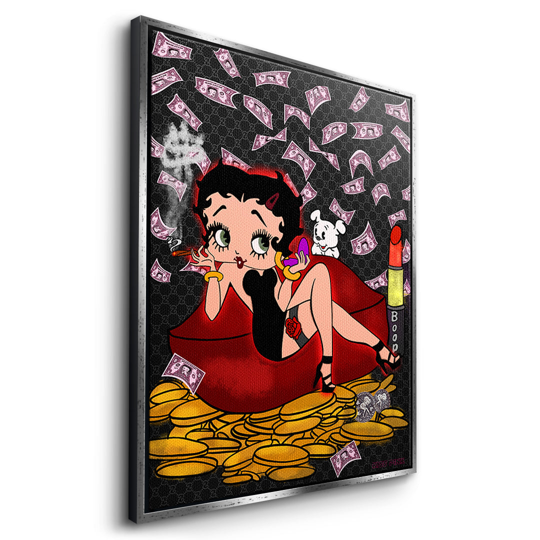 Seitenansicht des Leinwandbilds Lipstick Money Pin-Up im silbernen Rahmen