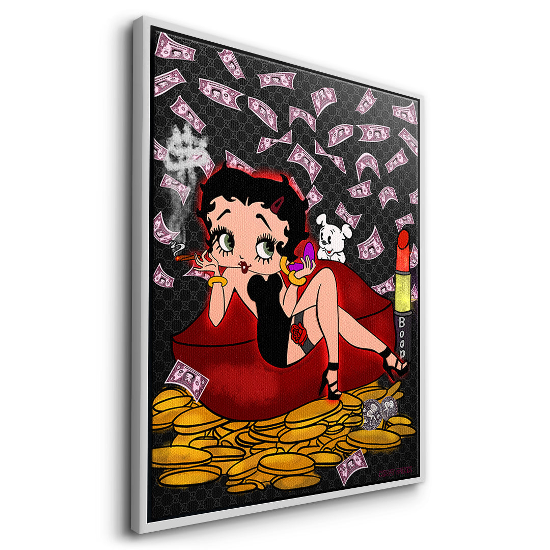 Seitenansicht des Leinwandbilds Lipstick Money Pin-Up im weißen Rahmen