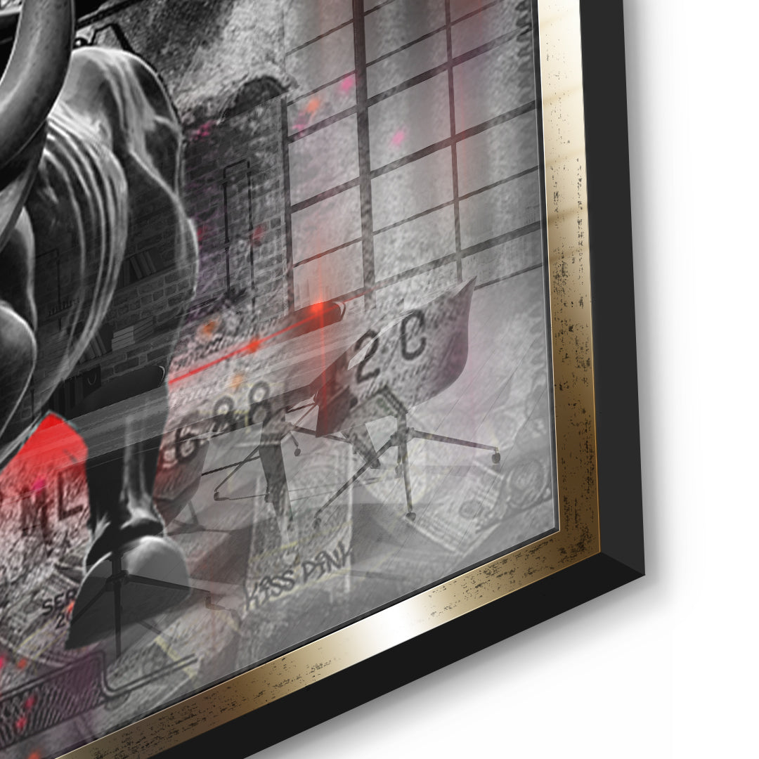 Detailaufnahme des 5mm Acrylglases, Bill And Bull im goldenen Rahmen