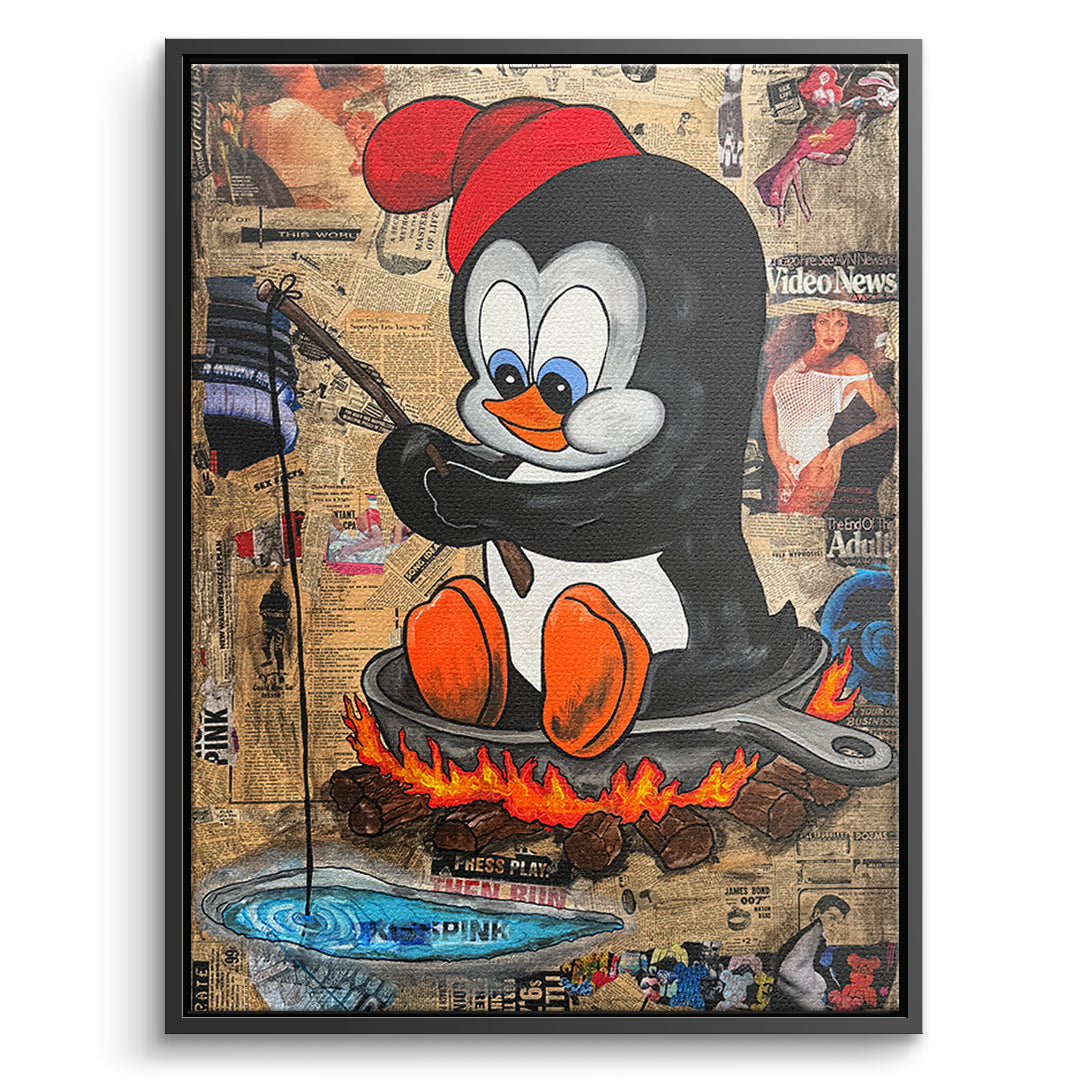 DOTCOMCANVAS Leinwandbild Hot Pan Penguin im schwarzen Premium-Rahmen