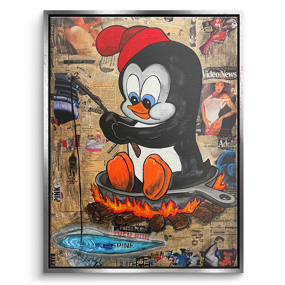 DOTCOMCANVAS Leinwandbild Hot Pan Penguin im silbernen Premium-Rahmen
