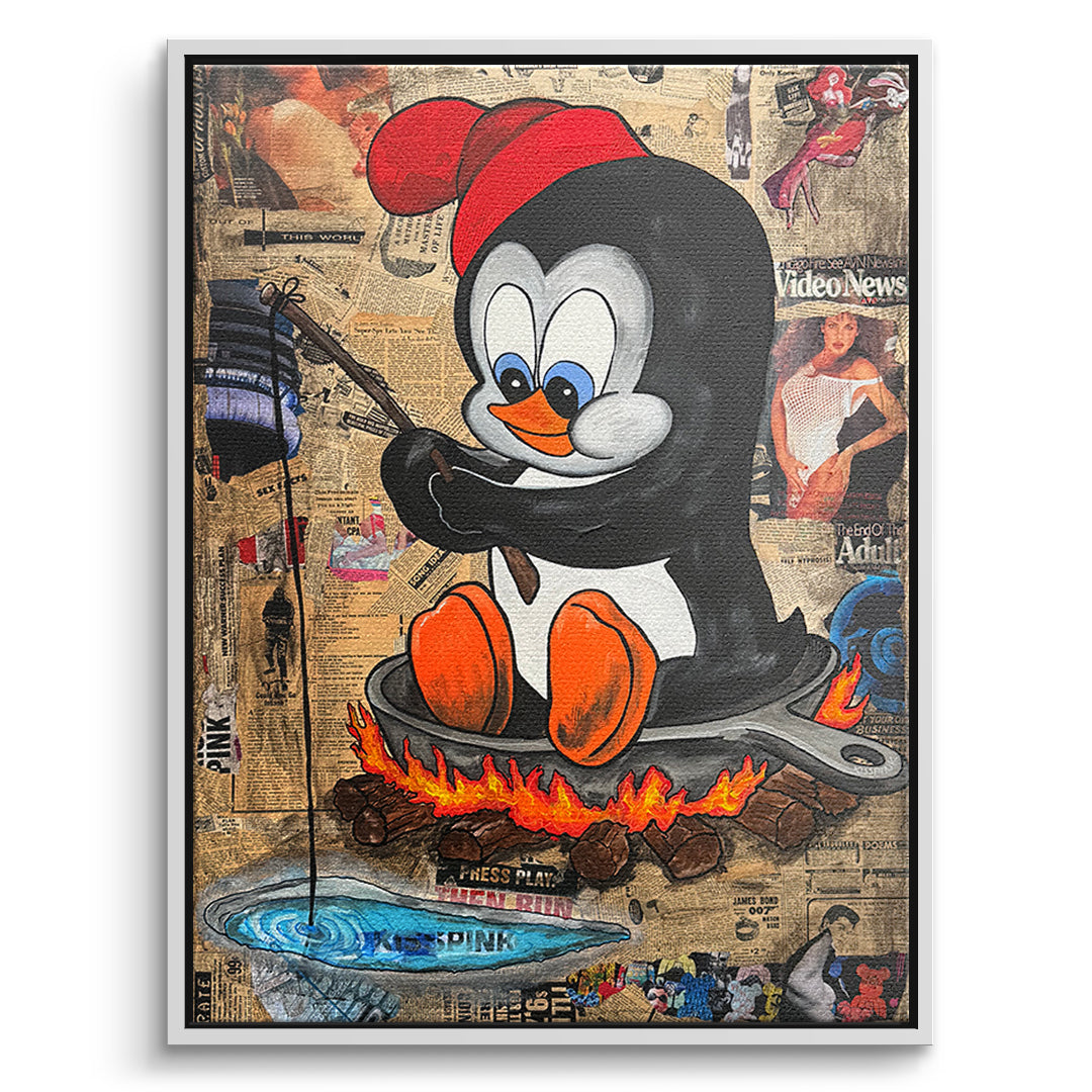 DOTCOMCANVAS Leinwandbild Hot Pan Penguin im weißen Premium-Rahmen