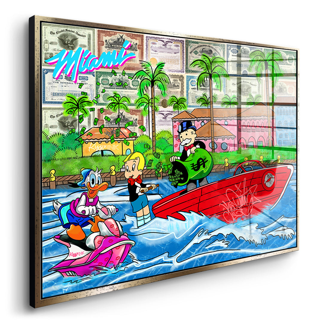 Seitenansicht des Acrylglasbilds Miami Water Life im goldenen Rahmen