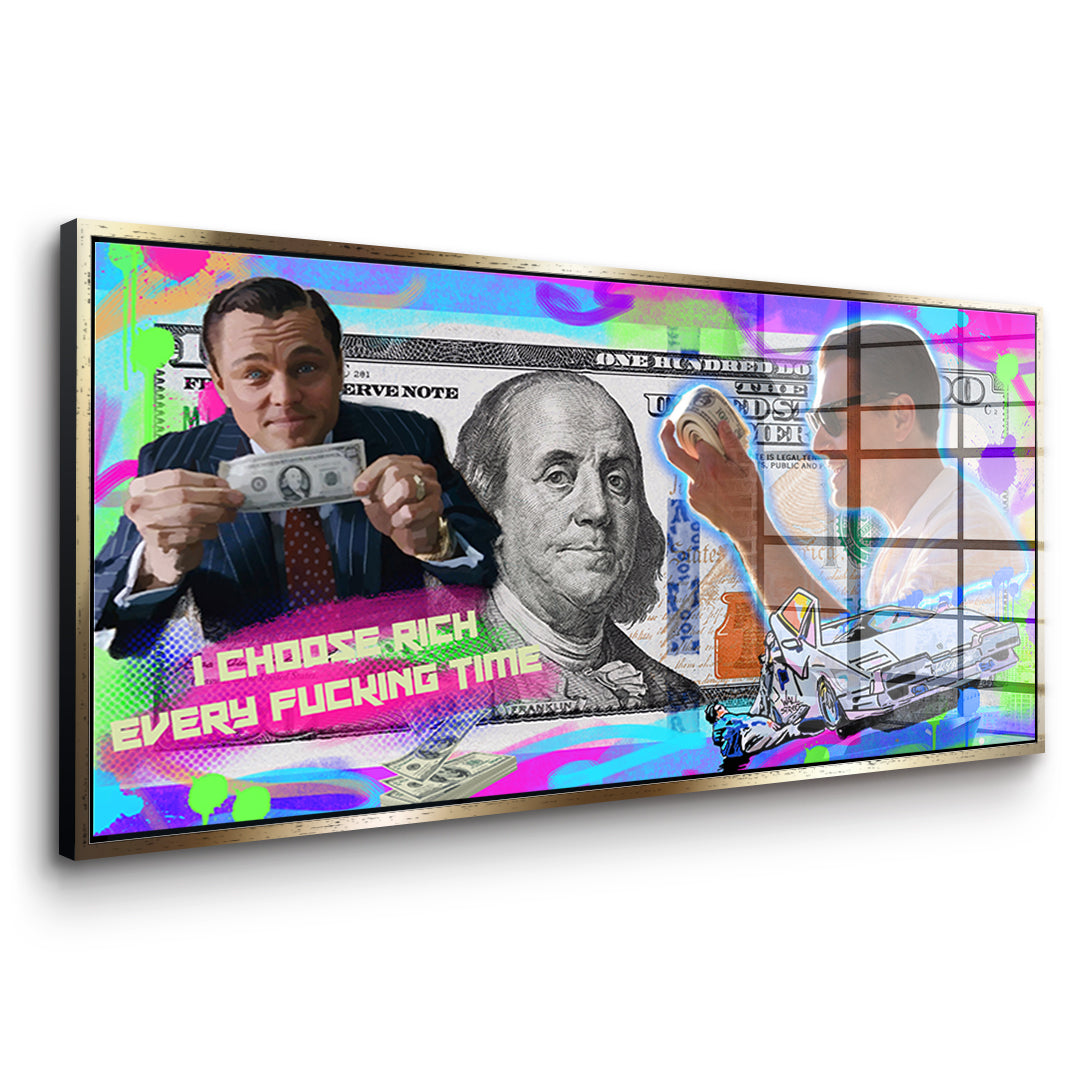Seitenansicht des Acrylglasbilds I Choose Rich Neon im goldenen Rahmen