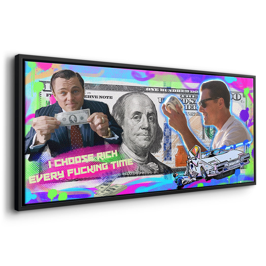 Seitenansicht des Leinwandbilds I Choose Rich Neon im schwarzen Rahmen