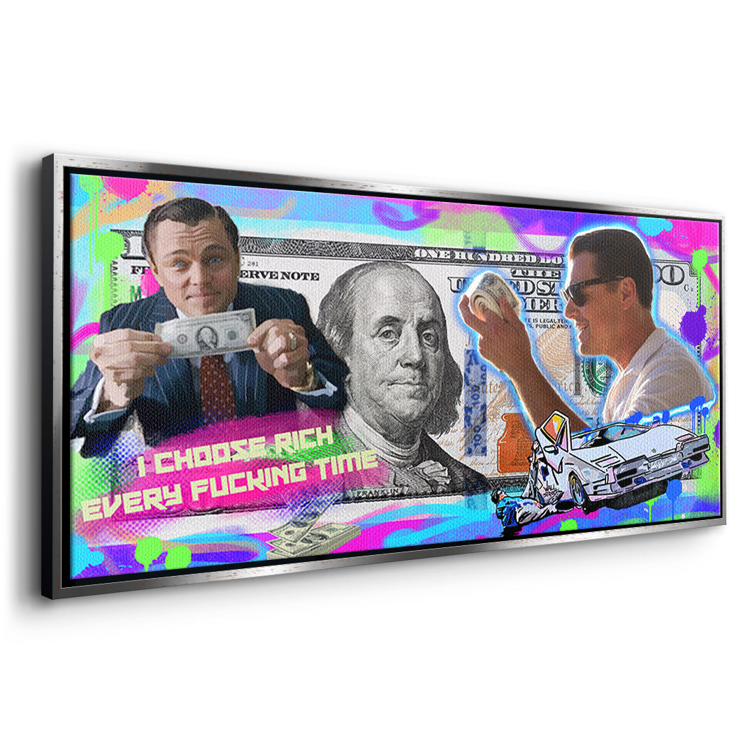 Seitenansicht des Leinwandbilds I Choose Rich Neon im silbernen Rahmen