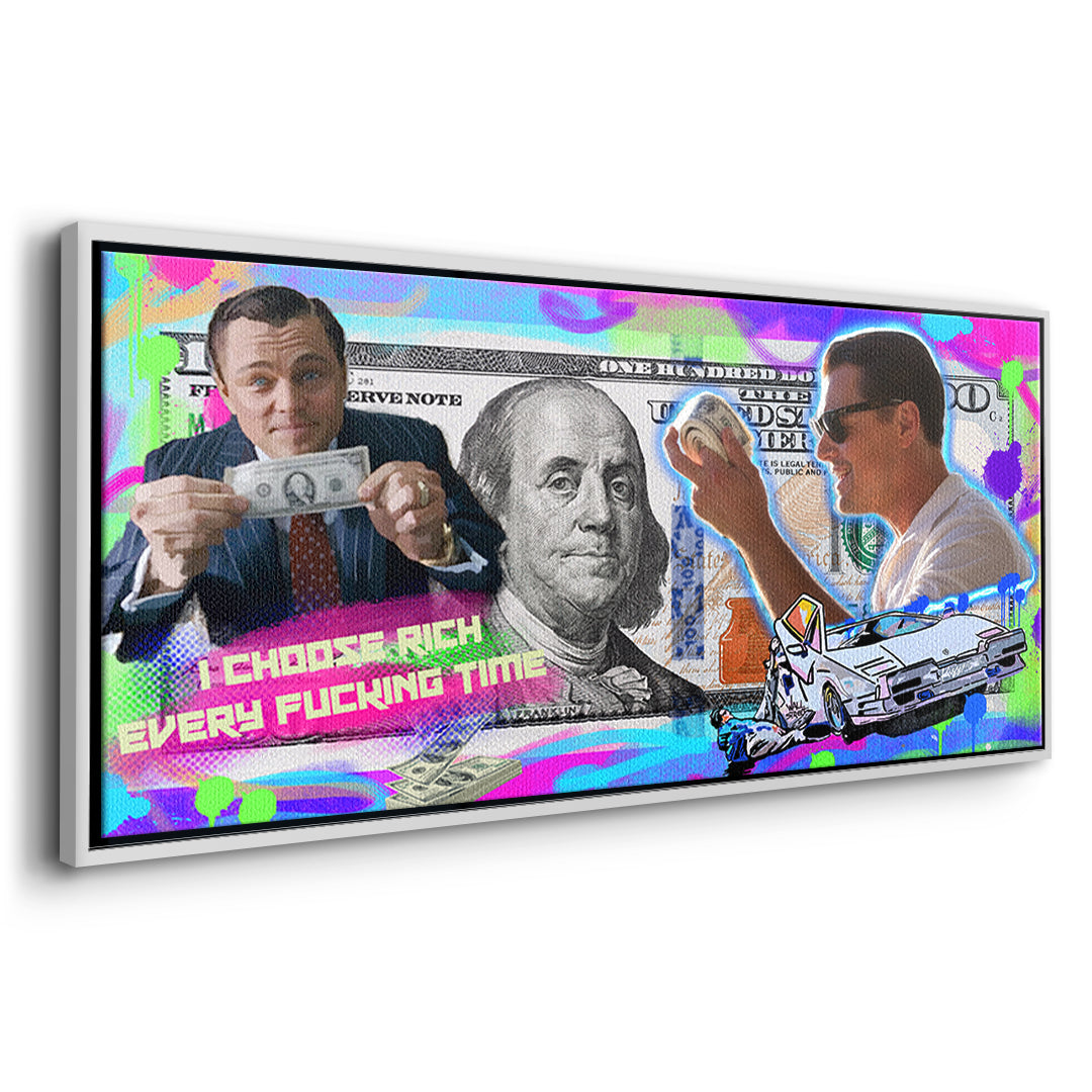 Seitenansicht des Leinwandbilds I Choose Rich Neon im weißen Rahmen