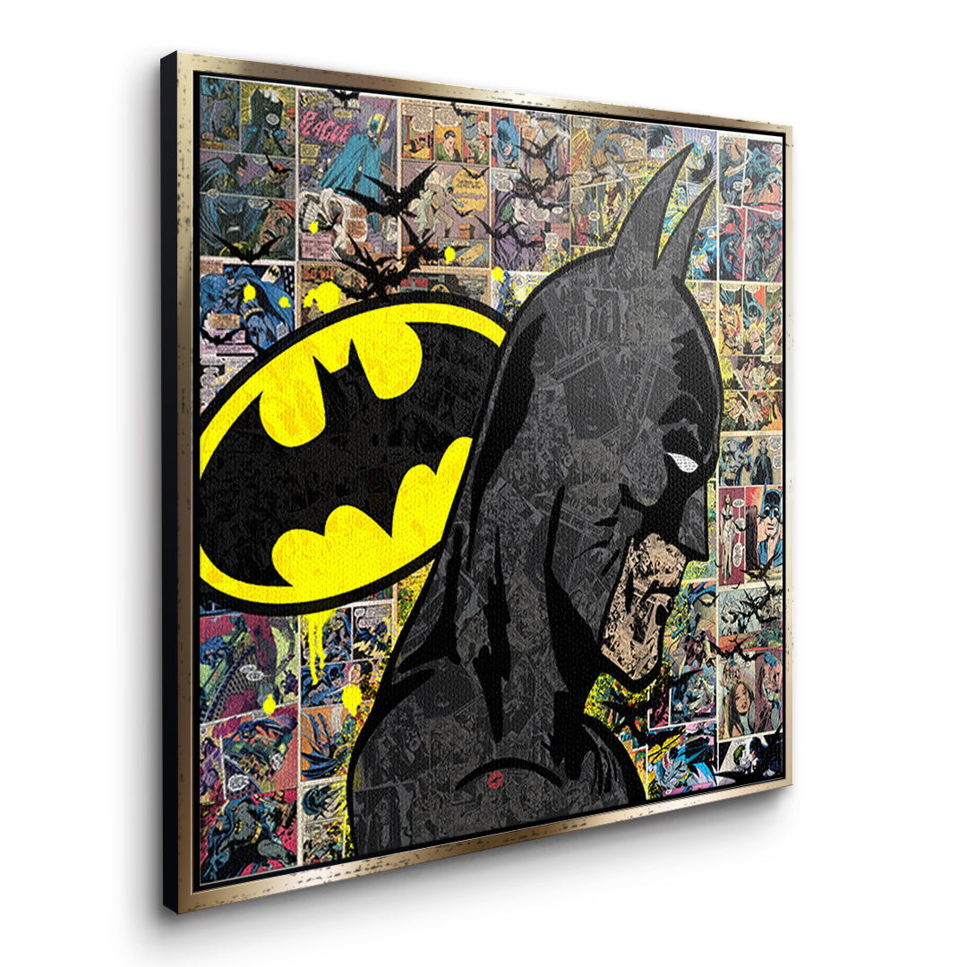 Seitenansicht des Leinwandbilds Comic Night Hero im goldenen Rahmen