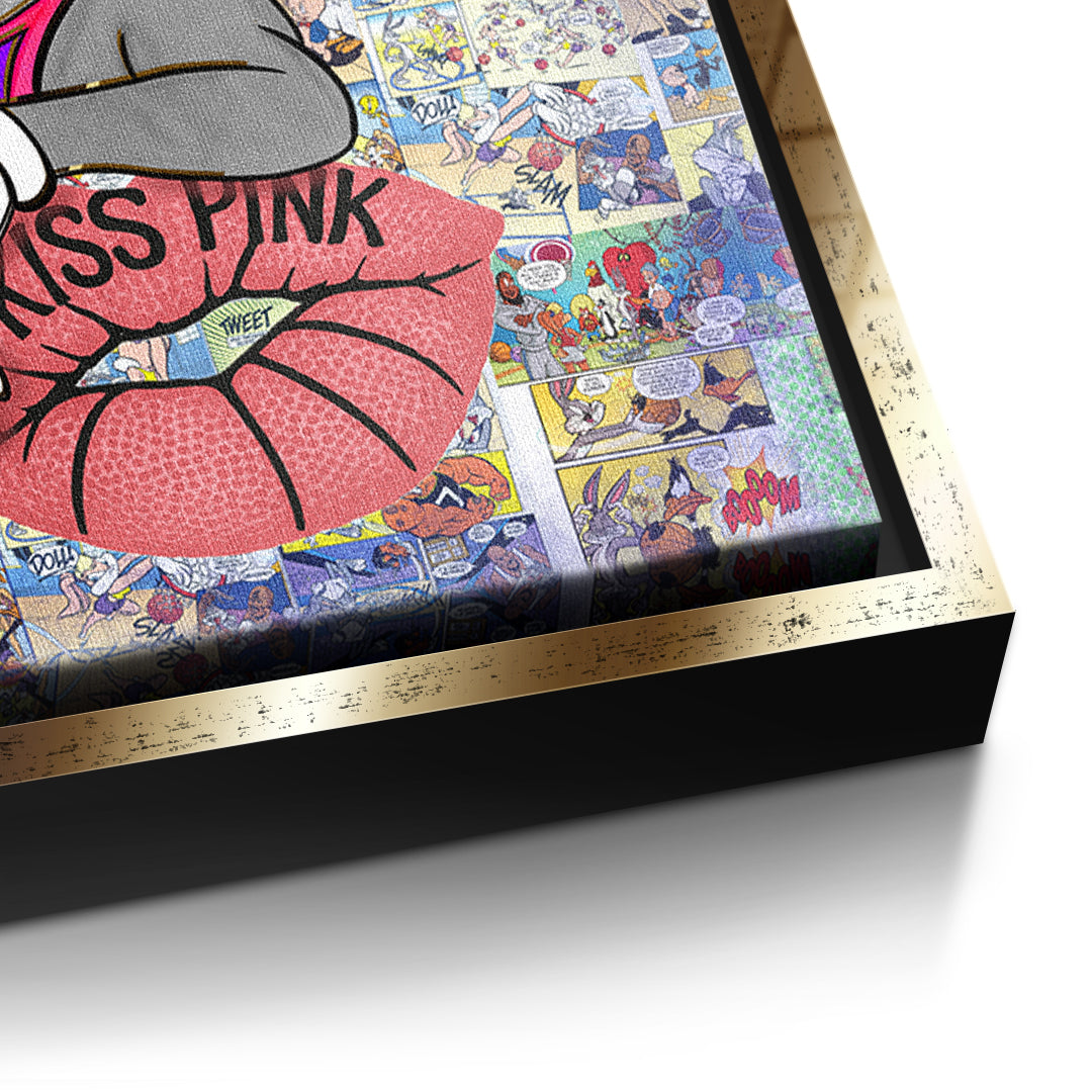 Detailaufnahme der Leinwandstruktur, Basketball Bunny im goldenen Rahmen