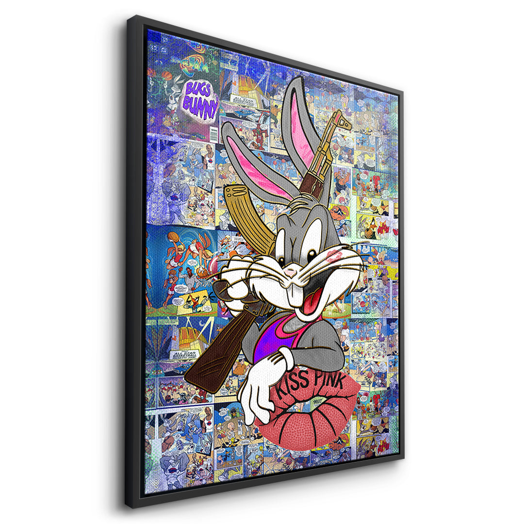 Seitenansicht des Leinwandbilds Basketball Bunny im schwarzen Rahmen
