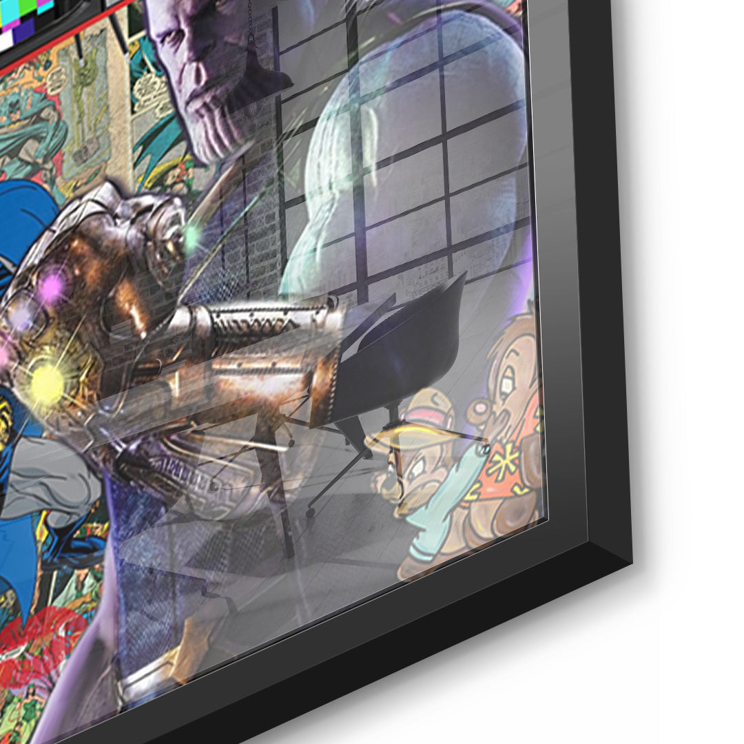Detailaufnahme des 5mm Acrylglases, Superhero Collage im schwarzen Rahmen