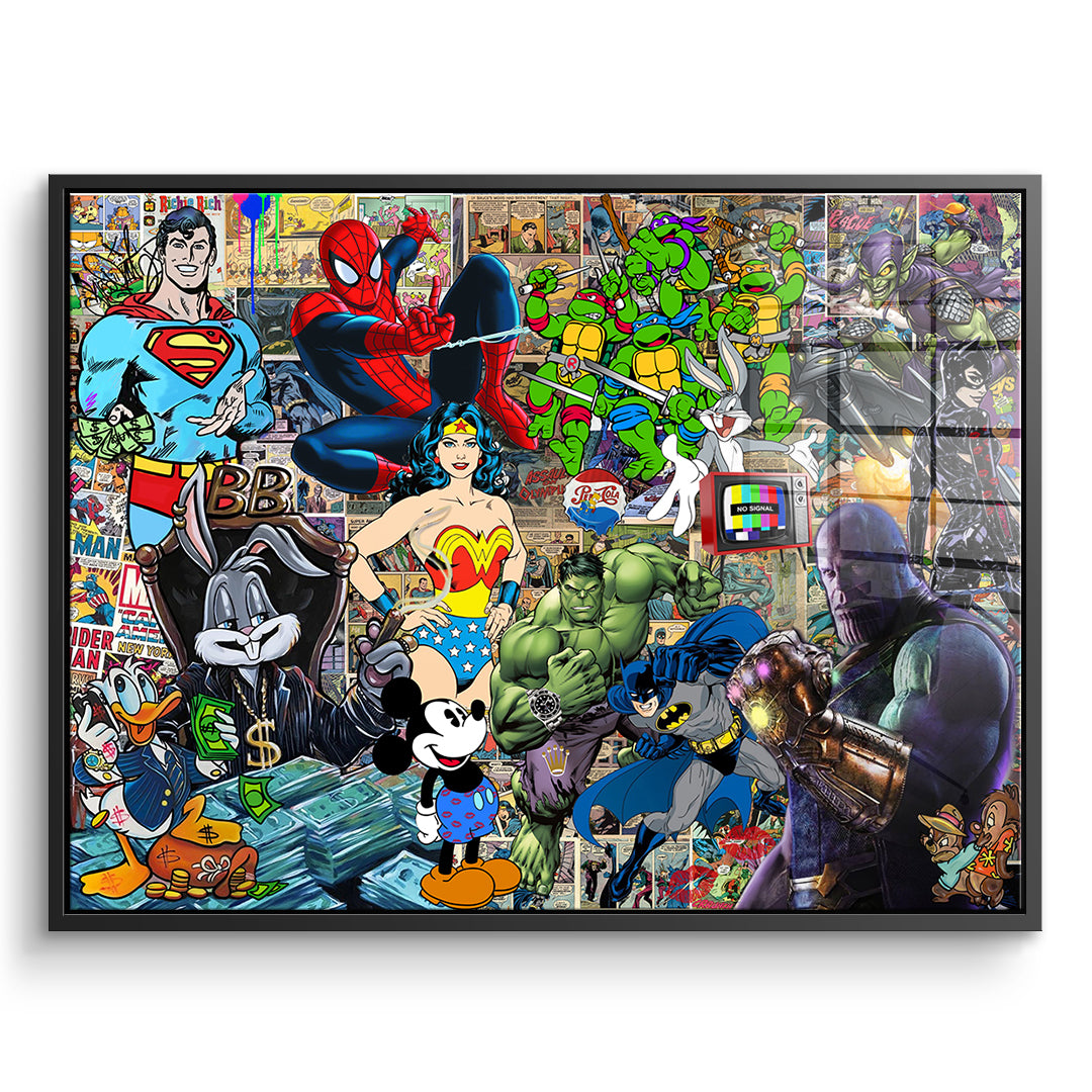 DOTCOMCANVAS Acrylglasbild Superhero Collage im schwarzen Premium-Rahmen
