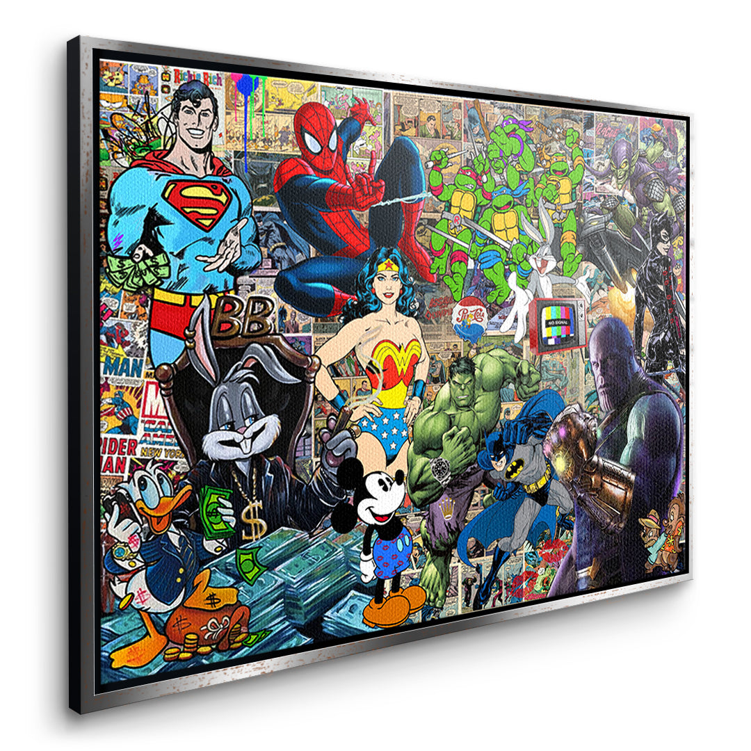 Seitenansicht des Leinwandbilds Superhero Collage im silbernen Rahmen