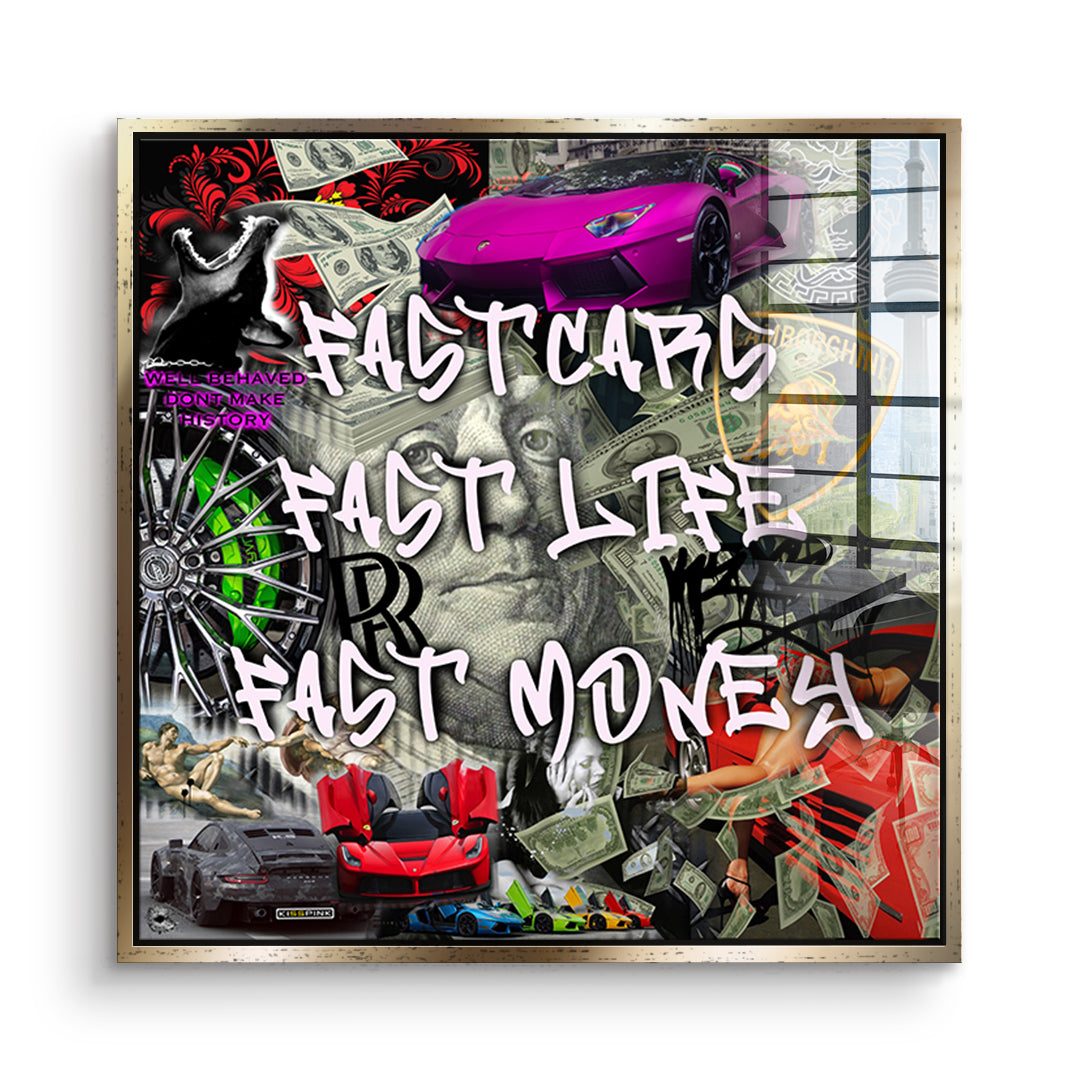 DOTCOMCANVAS Acrylglasbild Fast Life im goldenen Premium-Rahmen