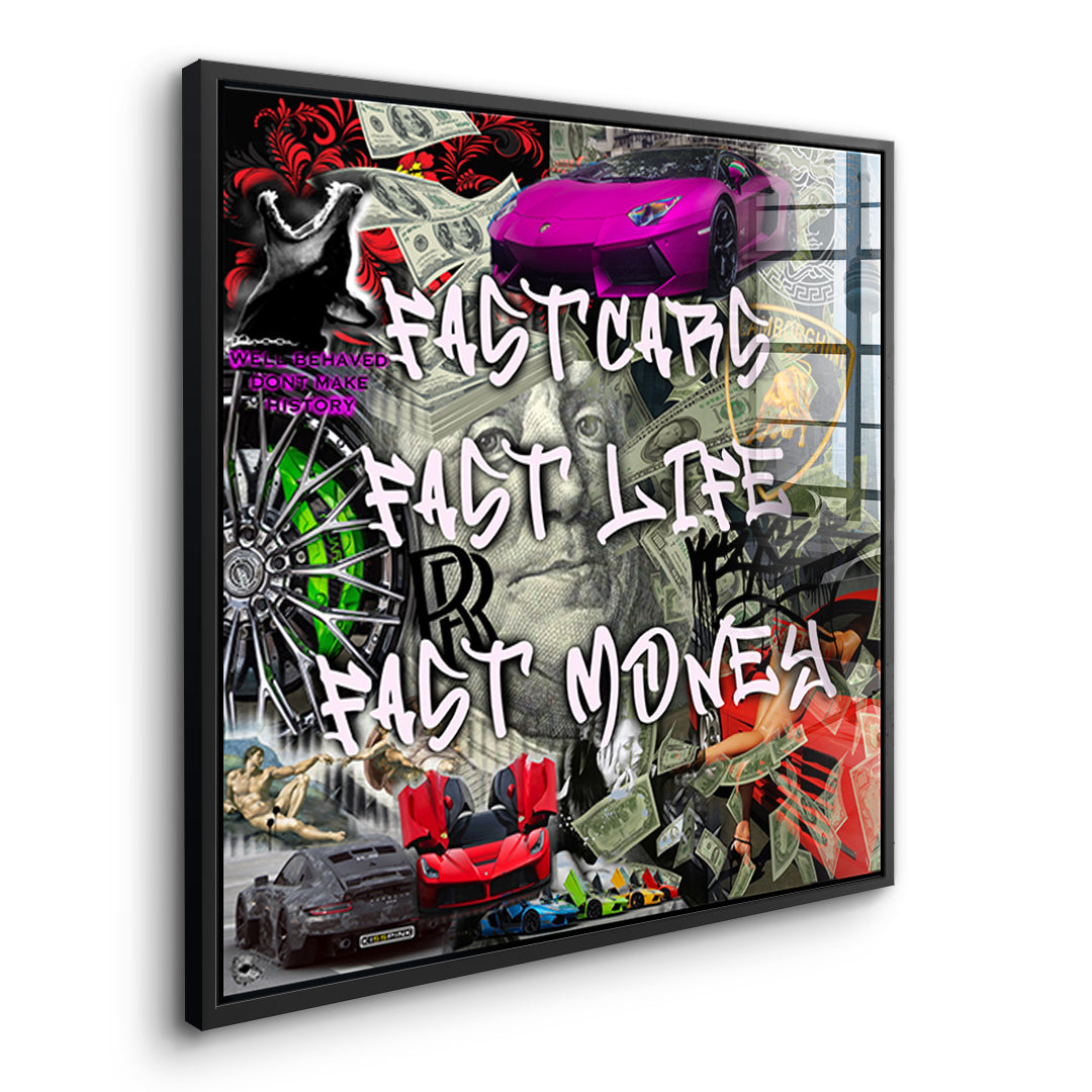 Seitenansicht des Acrylglasbilds Fast Life im schwarzen Rahmen