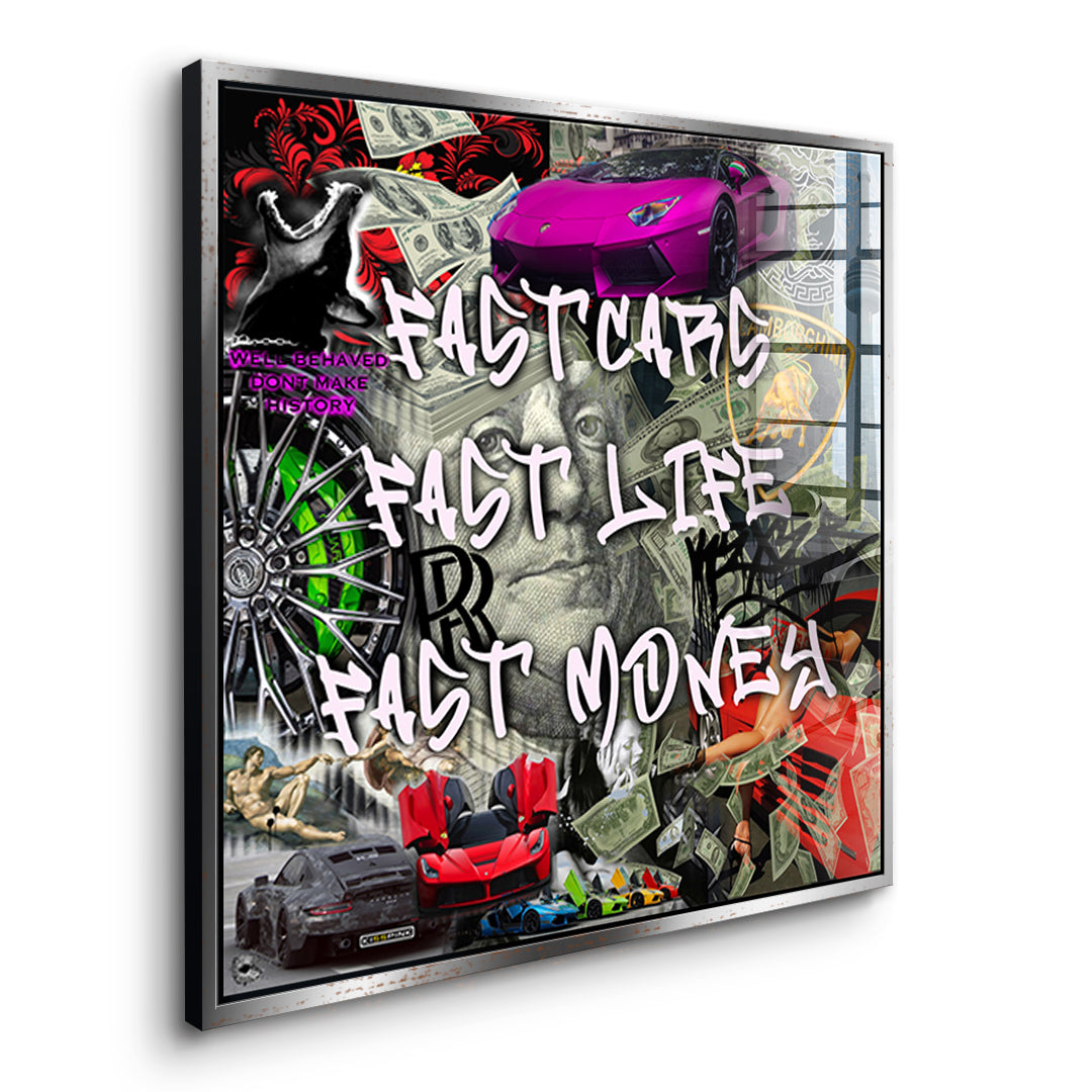 Seitenansicht des Acrylglasbilds Fast Life im silbernen Rahmen