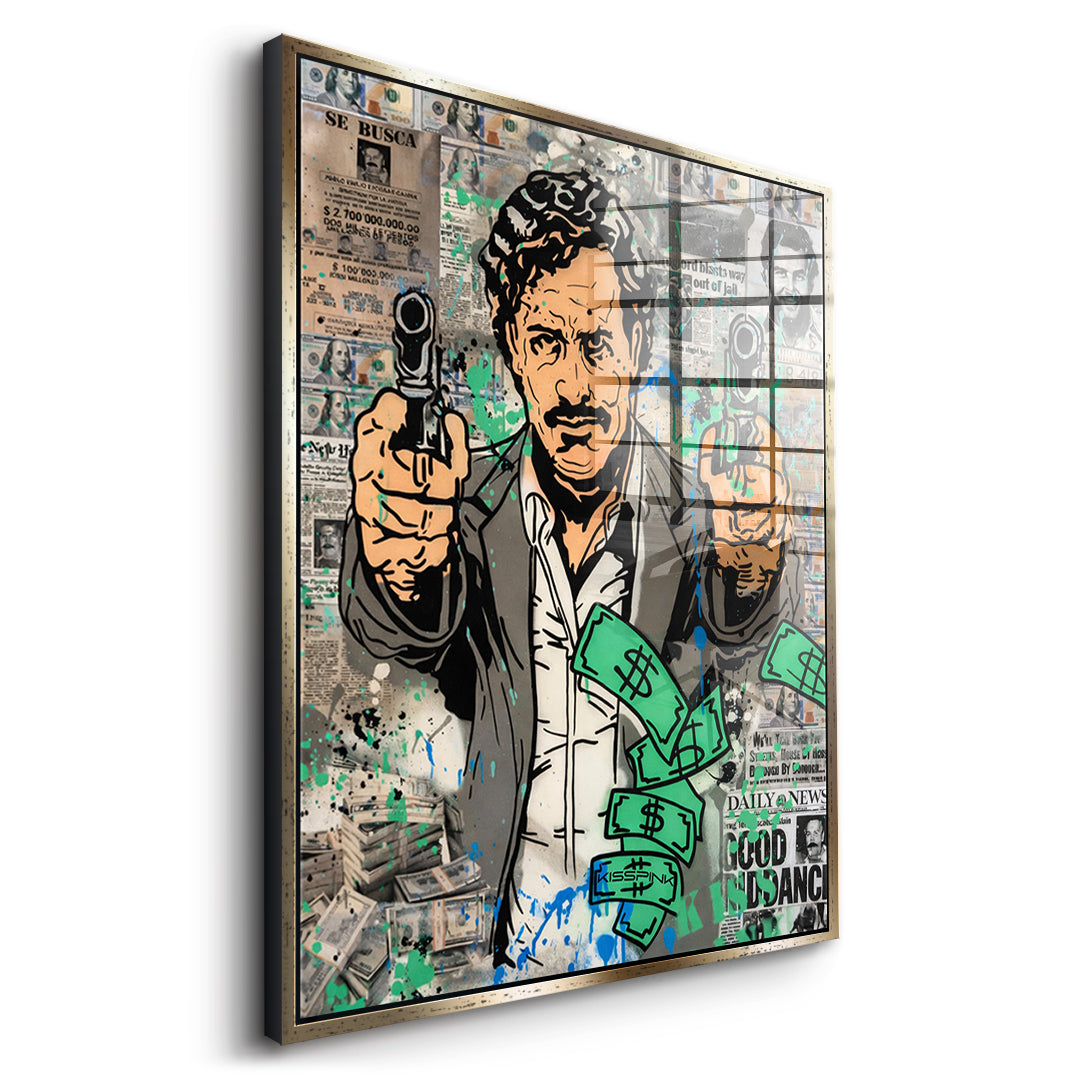 Seitenansicht des Acrylglasbilds Patron Money im goldenen Rahmen