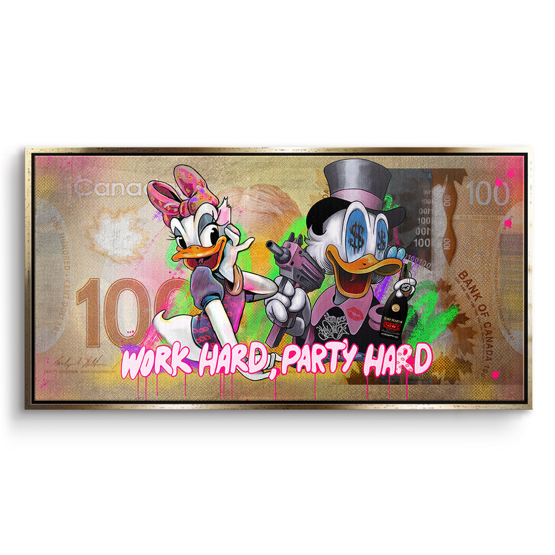 DOTCOMCANVAS Leinwandbild Work Hard Party Hard im goldenen Premium-Rahmen