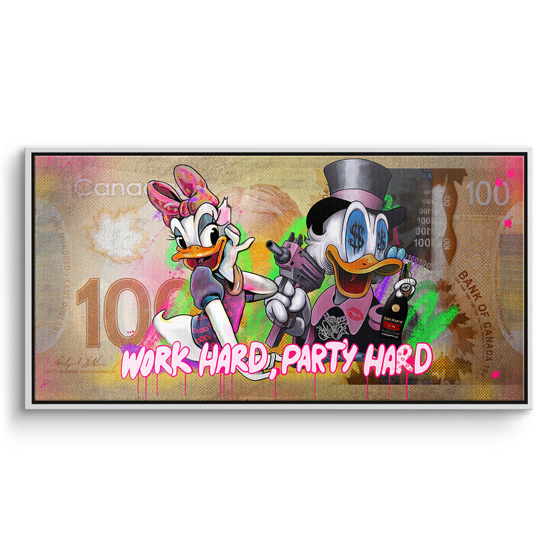DOTCOMCANVAS Leinwandbild Work Hard Party Hard im weißen Premium-Rahmen