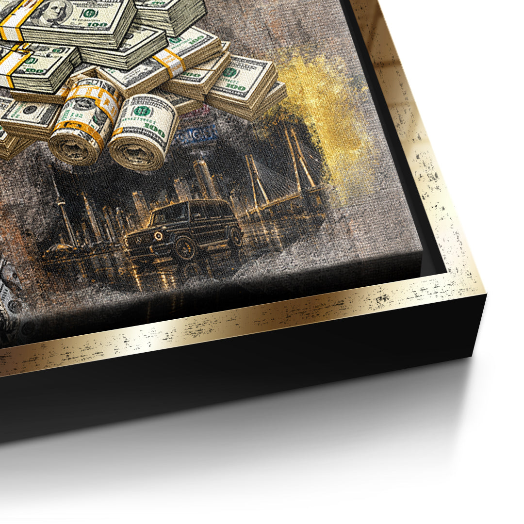 Detailaufnahme der Leinwandstruktur, Building Empires im goldenen Rahmen