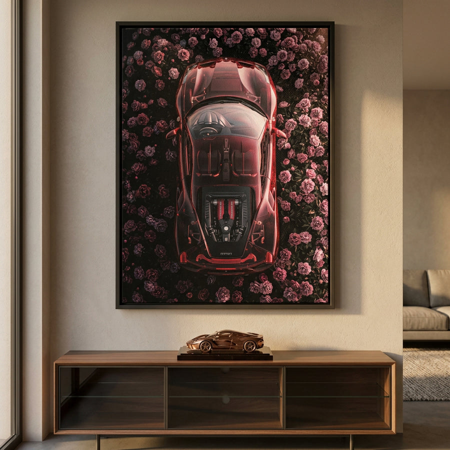 DOTCOMCANVAS® Ferrari in flowers Leinwandbild – Ansicht im Raum