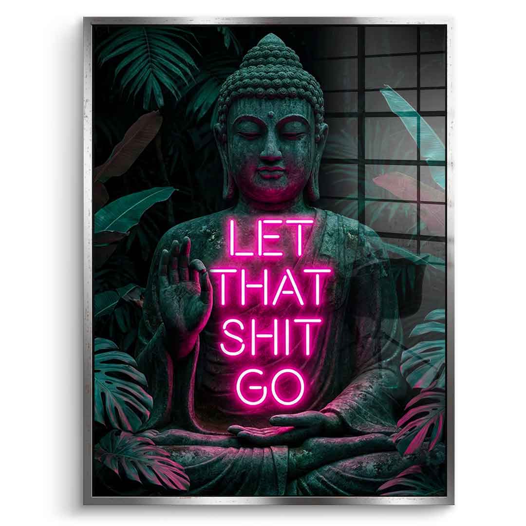 DOTCOMCANVAS® Buddah for Toilett Acrylglasbild – Frontansicht mit silbernem Rahmen