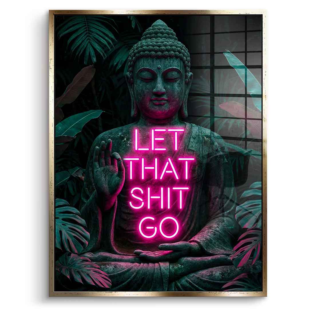 DOTCOMCANVAS® Buddah for Toilett Acrylglasbild – Frontansicht mit goldenem Rahmen