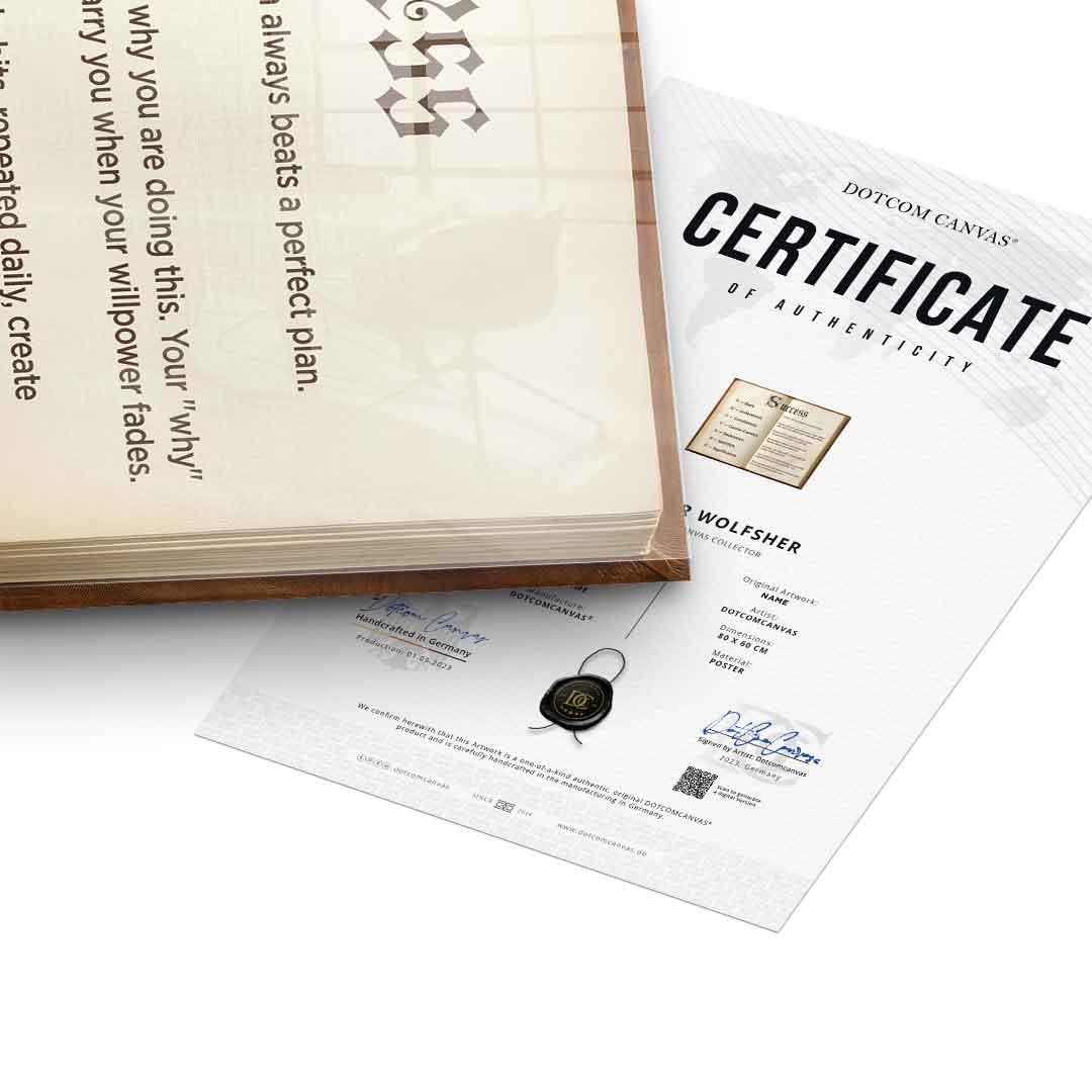 DOTCOMCANVAS® Success book Acrylglasbild – Echtheitszertifikat