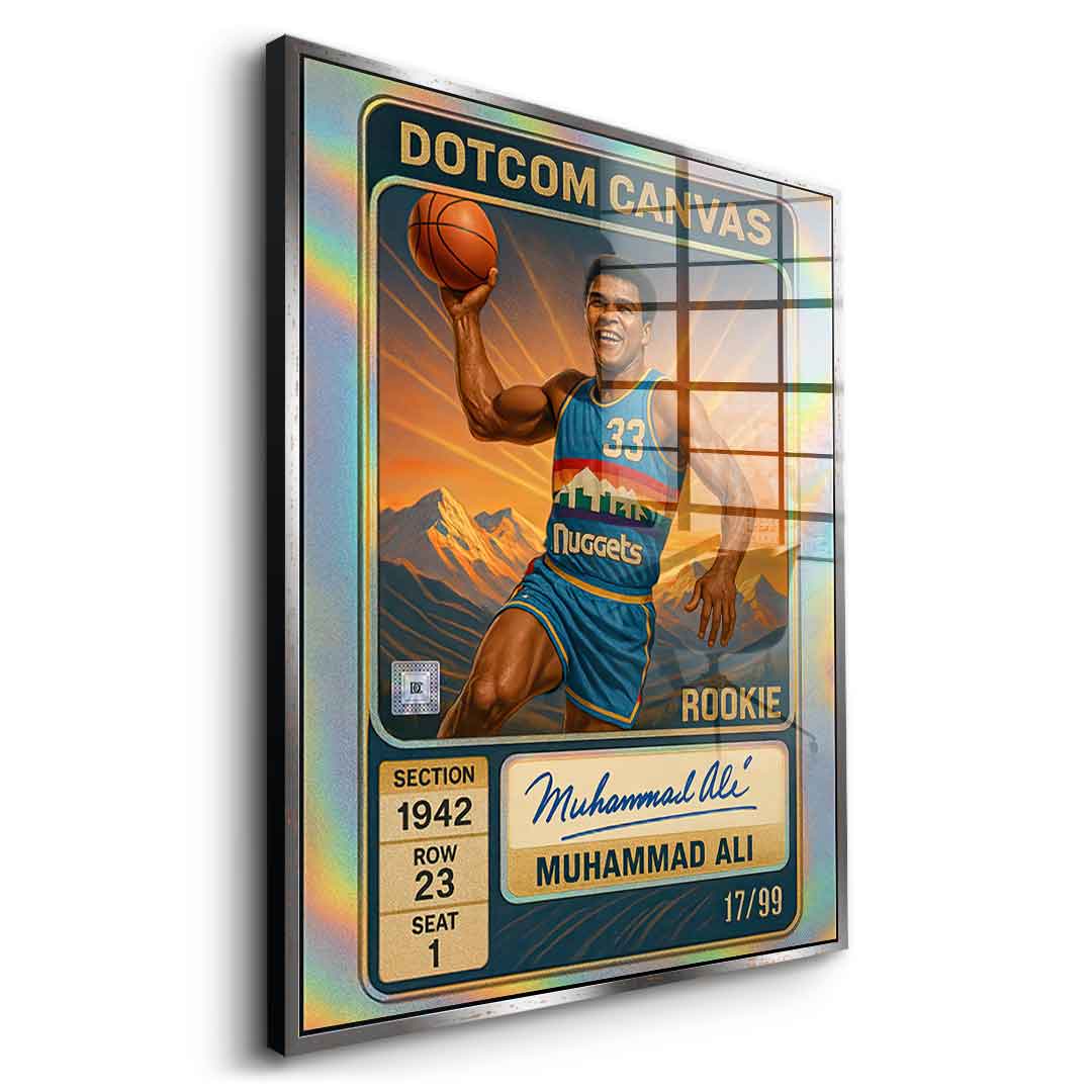 DOTCOMCANVAS Muhammad Ali Basketball Card Acrylglasbild Pop Art Gold gerahmt Seitenansicht