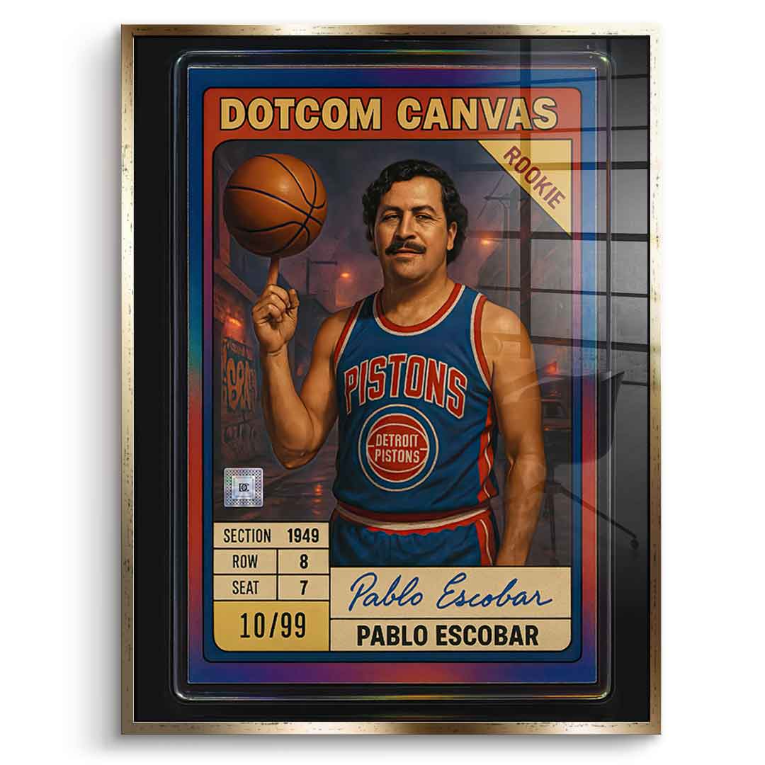 DOTCOMCANVAS Pablo Escobar Basketball Card Acrylglasbild Pop Art Gold gerahmt Frontansicht