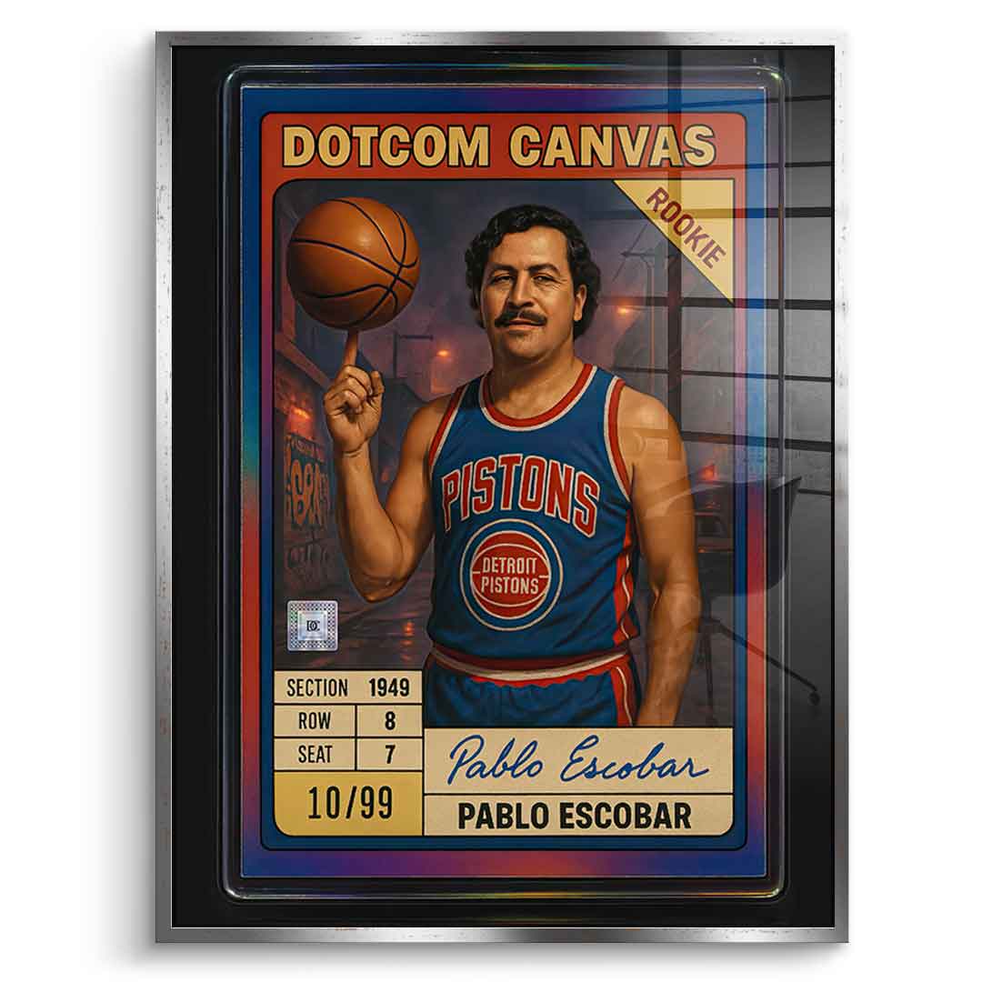 DOTCOMCANVAS Pablo Escobar Basketball Card Acrylglasbild Pop Art Silber gerahmt Frontansicht