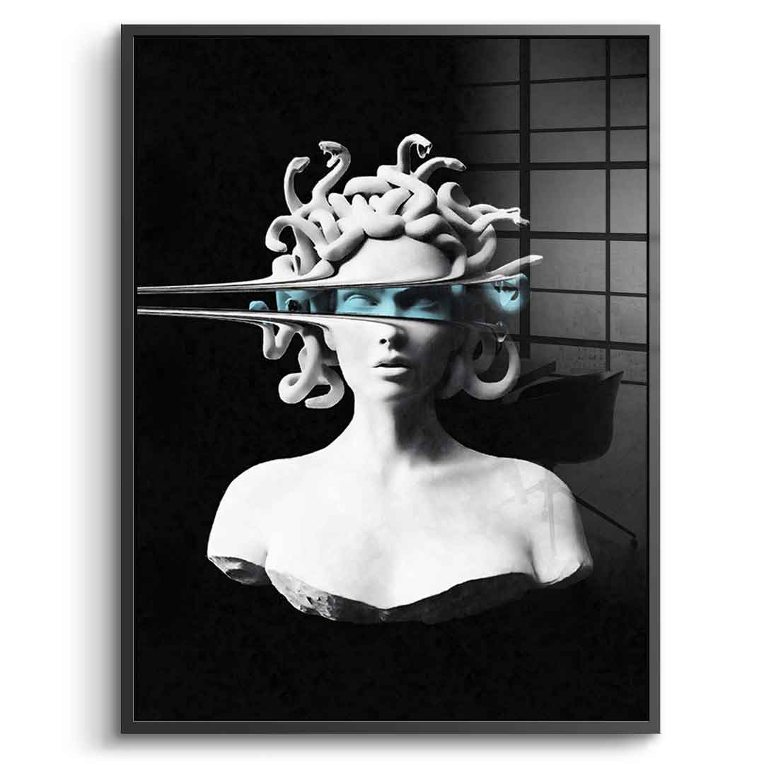 DOTCOMCANVAS® Portrait of Medusa Acrylglasbild – Vorderansicht silberner Rahmen