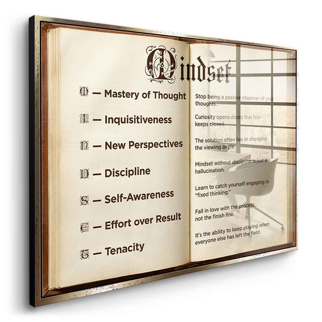 DOTCOMCANVAS® Mindset book Acrylglasbild – Seitenansicht silberner Rahmen