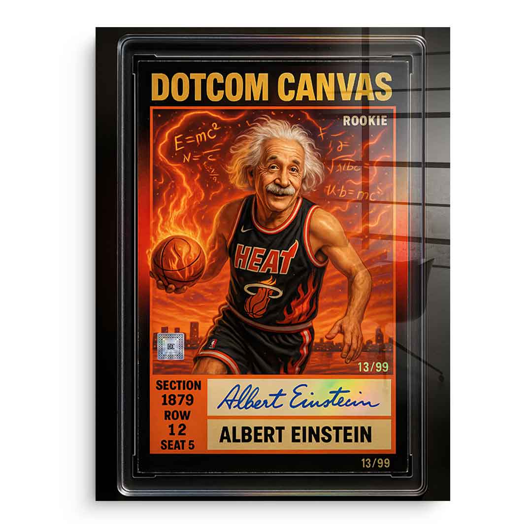 DOTCOMCANVAS Albert Einstein Basketball Card Pop Art Wandbild Acrylglasbild Frontansicht ohne Rahmen – Albert Einstein als Miami-Heat-Rookie-Sammelkarte