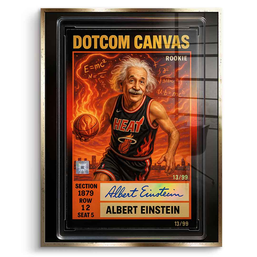 DOTCOMCANVAS Albert Einstein Basketball Card Pop Art Wandbild Acrylglasbild Frontansicht mit goldenem Rahmen