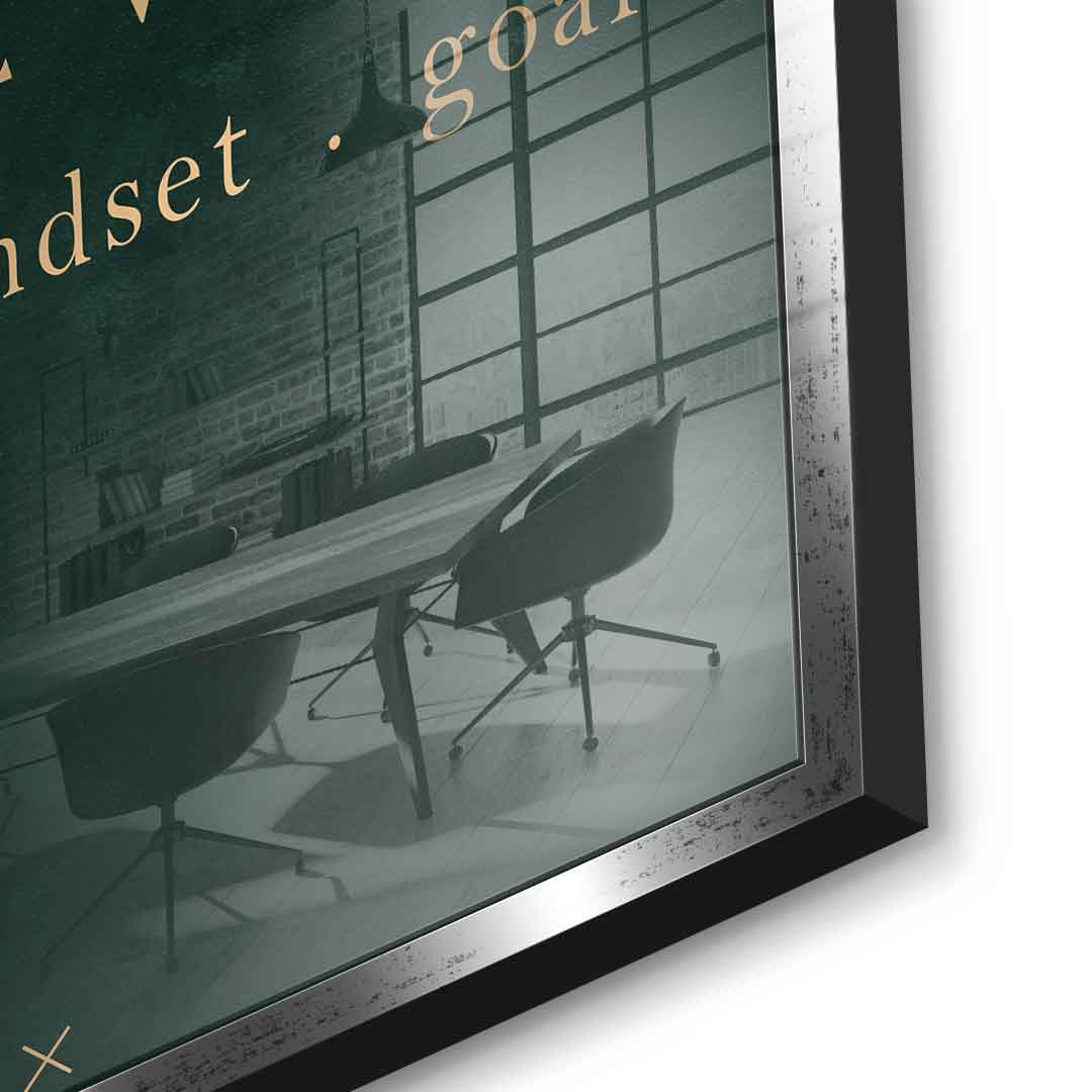 DOTCOMCANVAS NEW week, mindset, goal – motivierendes Typografie-Wandbild, goldene Serifen-Schrift auf dunkelgrünem Hintergrund – Acrylglasbild Ansicht 11