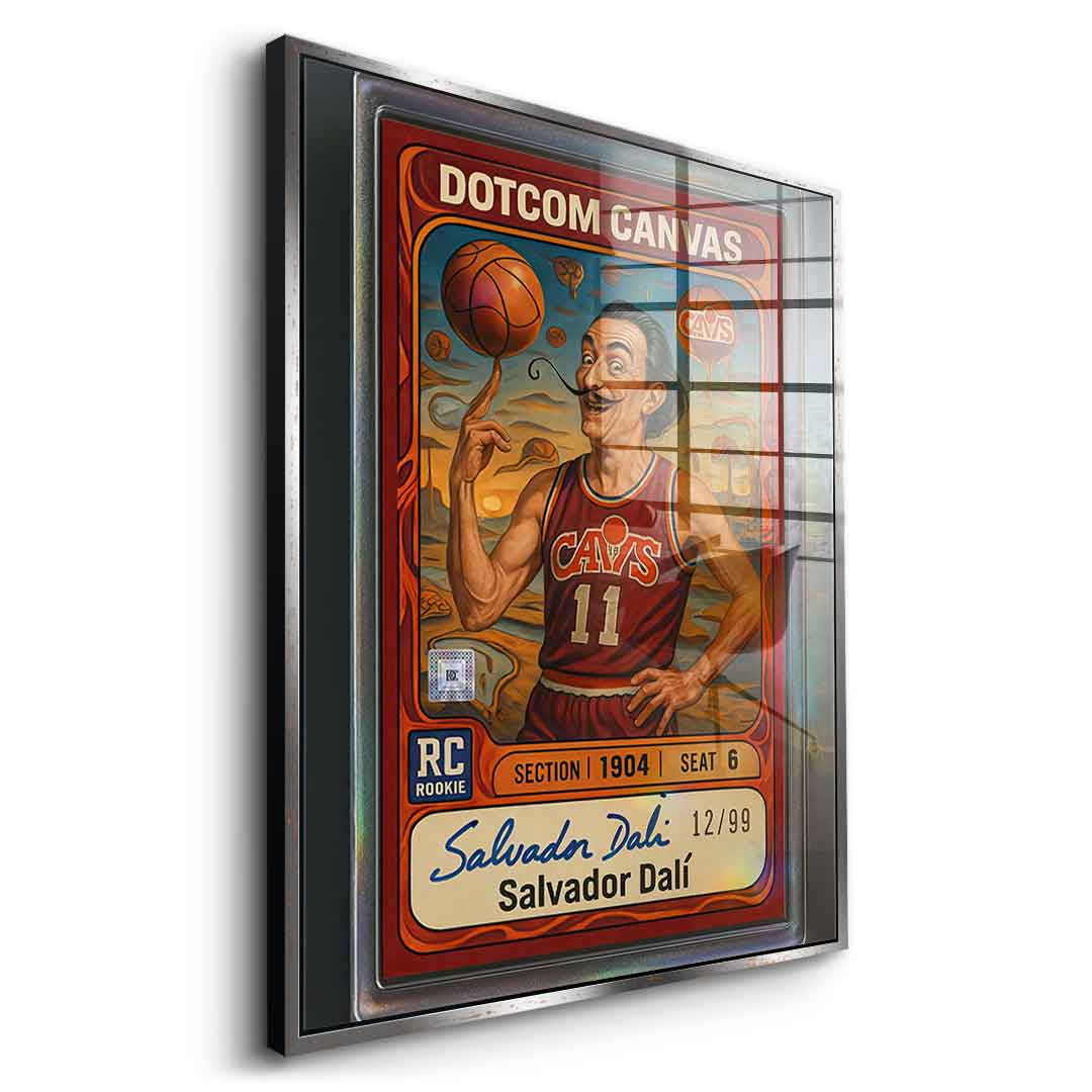 DOTCOMCANVAS® Salvador Dali Basketball Card Acrylglasbild – Seitenansicht mit goldenem Rahmen