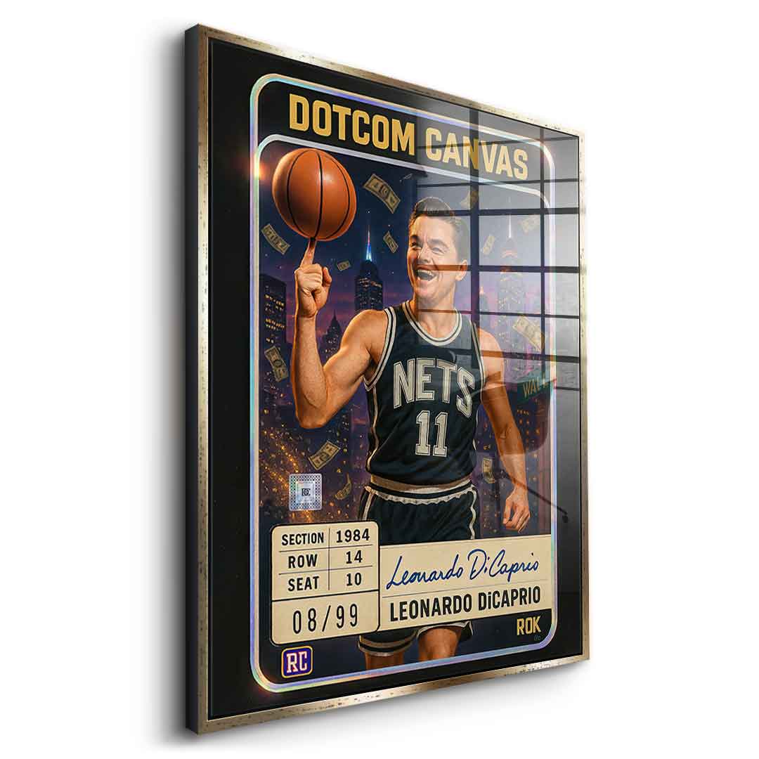 DOTCOMCANVAS Leo Dicaprio Basketball Card Acrylglasbild Seitenansicht Silberner Rahmen