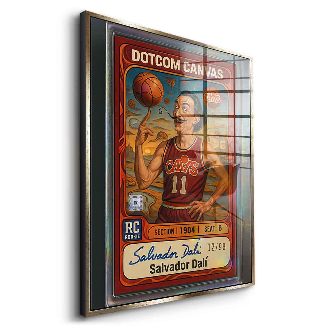 DOTCOMCANVAS® Salvador Dali Basketball Card Acrylglasbild – Seitenansicht mit silbernem Rahmen