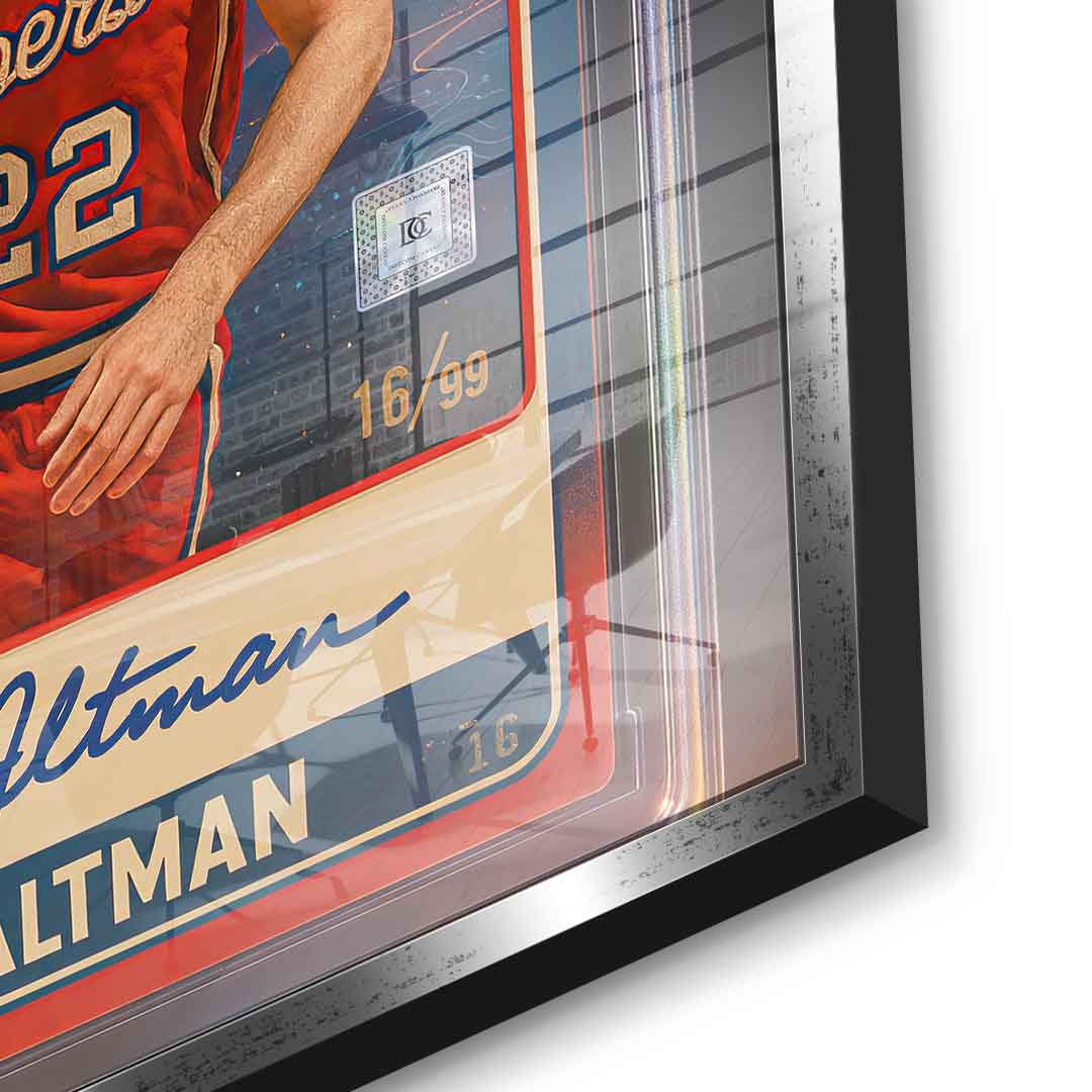 DOTCOMCANVAS Sam Altman Basketball Card Acrylglasbild Detailaufnahme mit Silber-Rahmen