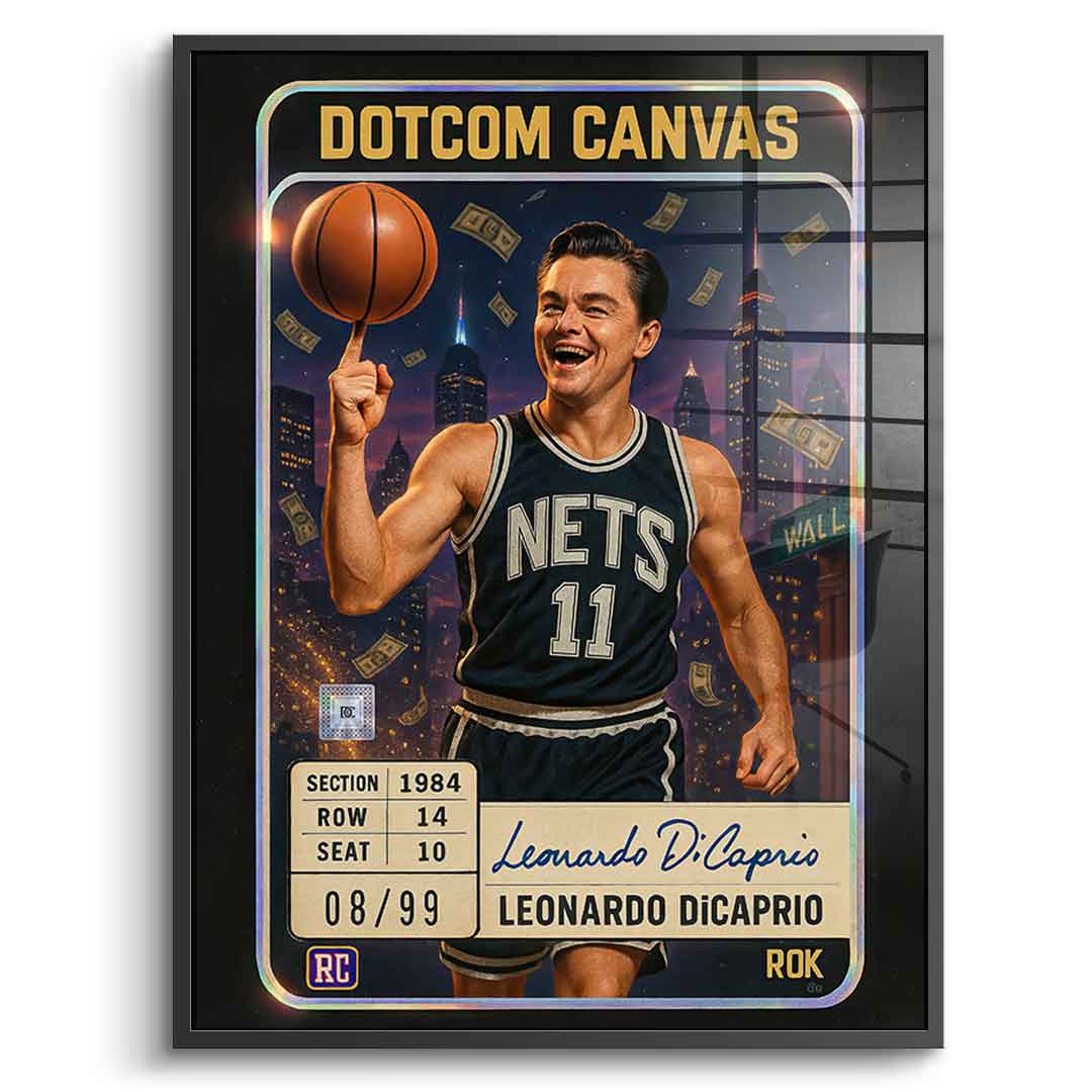 DOTCOMCANVAS Leo Dicaprio Basketball Card Acrylglasbild Vorderansicht Schwarzer Rahmen
