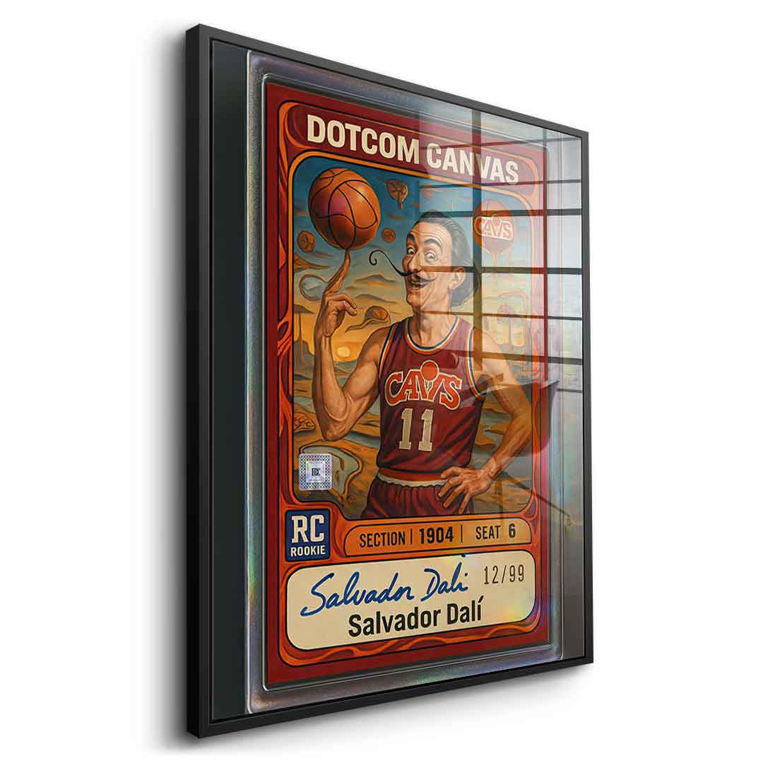 DOTCOMCANVAS® Salvador Dali Basketball Card Acrylglasbild – Seitenansicht mit schwarzem Rahmen