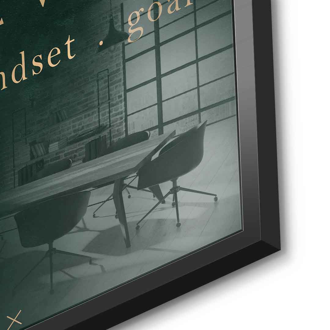 DOTCOMCANVAS NEW week, mindset, goal – motivierendes Typografie-Wandbild, goldene Serifen-Schrift auf dunkelgrünem Hintergrund – Acrylglasbild Ansicht 10