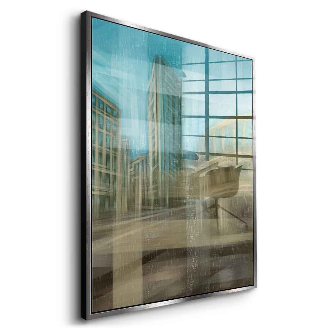 City in the Embrace of Golden Mist Acrylglasbild Seitenansicht goldener Rahmen