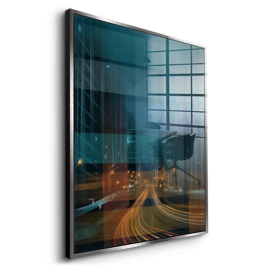 City in the Rhythm of Light Acrylglasbild Seitenansicht goldener Rahmen
